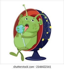 An alien is sitting in a chair and licking a lollipop in the form of planet Earth