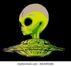 alien is sitting in a flying saucer.Hand drawn style.Space scientific vector