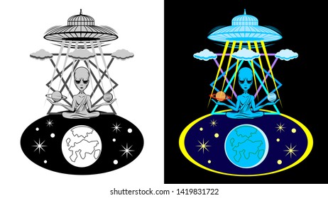 An alien is sitting in the lotus position. UFO in sky. in black and white and color options poster, print for shirt. Vector Illustration