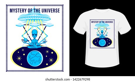 An alien is sitting in the lotus position. UFO in sky. poster, print for t-shirt. Hand drawn Vector Illustration