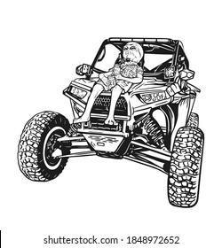 Alien sitting on ATV truck black and white vector line art