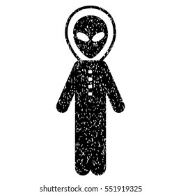 Alien Skafandr grainy textured icon for overlay watermark stamps. Flat symbol with dirty texture. Dotted vector black ink rubber seal stamp with grunge design on a white background.