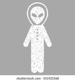 Alien Skafandr grainy textured icon for overlay watermark stamps. Flat symbol with dirty texture. Dotted vector white ink rubber seal stamp with grunge design on a silver background.