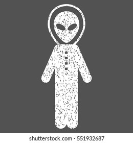 Alien Skafandr grainy textured icon for overlay watermark stamps. Flat symbol with unclean texture. Dotted vector white ink rubber seal stamp with grunge design on a gray background.