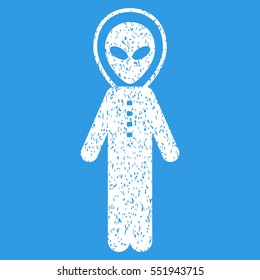 Alien Skafandr grainy textured icon for overlay watermark stamps. Flat symbol with dust texture. Dotted vector white ink rubber seal stamp with grunge design on a blue background.