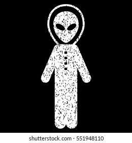Alien Skafandr grainy textured icon for overlay watermark stamps. Flat symbol with unclean texture. Dotted vector white ink rubber seal stamp with grunge design on a black background.