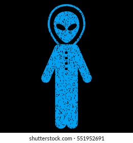 Alien Skafandr grainy textured icon for overlay watermark stamps. Flat symbol with unclean texture. Dotted vector blue ink rubber seal stamp with grunge design on a black background.