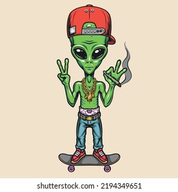 Alien skateboarder emblem colorful vintage posing with cigarette fashionable Martian fantastic humanoid in cap smoking cannabis vector illustration