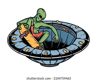 alien skateboarder in ufo illustration