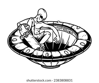 alien skateboarder in ufo line illustration