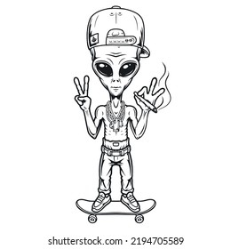 Alien Skateboarder Vintage Monochrome Sketch Humanoid With Cannabis Cigarette In Trendy Jeans Martian In UFO Baseball Cap Vector Illustration