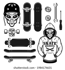Alien and skateboarding set of vector objects or design elements with alien in hoodie and protection helmet. Vintage monochrome illustration isolated on white background