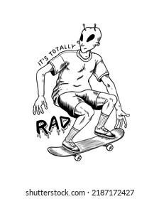 Alien skater. A man rides in a T-shirt and shorts. Skateboard emblem. Vintage retro labels and badges for typography. Hand Drawn engraved sketch.