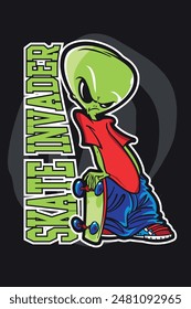 Alien Skater Camiseta Pegatina Vector, ilustración de dibujos animados 