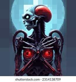 Alien skeleton. Vector pixelated illustration. Rectangular design.