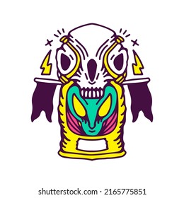 Alien, skull, flags, and lightning, illustration for t-shirt, sticker, or apparel merchandise. With doodle, retro, and cartoon style.