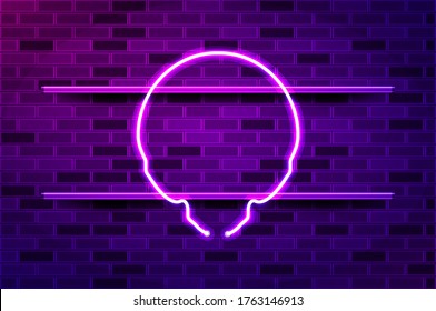 Alien skull glowing neon sign or LED strip light. Realistic vector illustration. Purple brick wall, violet glow, metal holders.