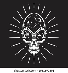 alien skull head and space illustration. Black Background