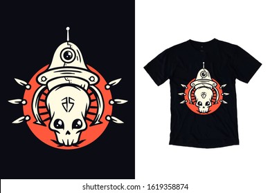 Alien skull with knives and ufo space ship illustration for t shirt design