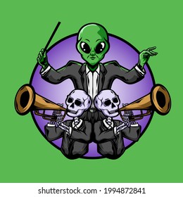 Alien and Skull playing an orchestra Illustration