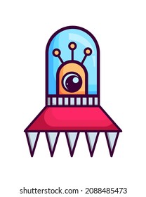 Alien or small monster on a flying ship. The alien is flying in a spaceship in a cartoon style. Ufo vector illustration isolated on white background.
