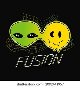 Alien and smile face melt.Fushion quote.Vector line cartoon graphic illustration design.Trippy psychdelic alien and smile emoji face melt print for poster, t-shirt concept