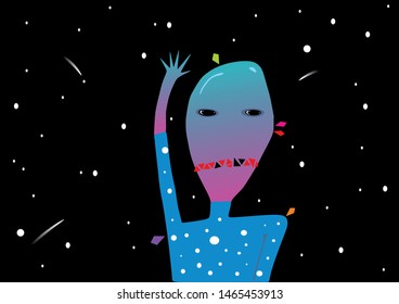 Alien smiles and stars. Vector drawing