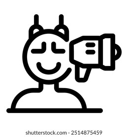 Alien is smiling and listening to positive news from a loudspeaker