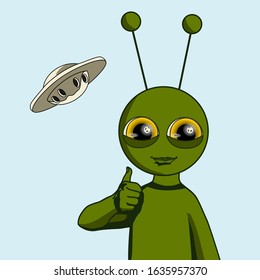 A alien smiling and showing a thumbs up gesture, vector illustration in comic style on blue isolated background with  UFO or Flying saucer