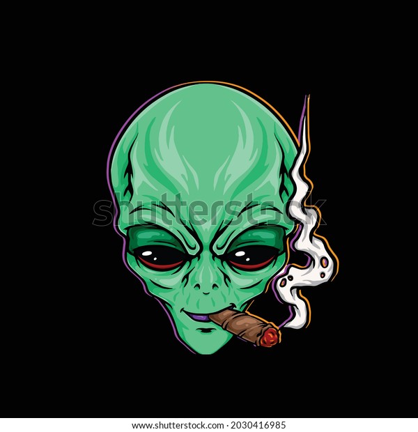 alien\
smoking blunt cartoon stoned face and high\
weed