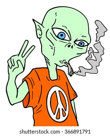 alien smoking with peace symbol