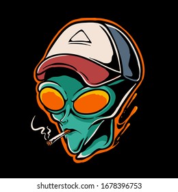 Alien smoking vector illustration. Alien head wearing baseball cap. Trendy design for poster, sticker, or t-shirt