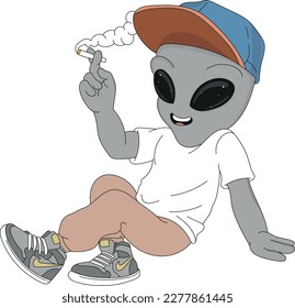 Alien Smoking Weed Hand Draw Vector Art