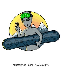 Alien with a snowboard on the background of mountains
