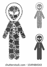 Alien space armor mosaic of tremulant parts in various sizes and shades, based on alien space armor icon. Vector ragged parts are grouped into collage.