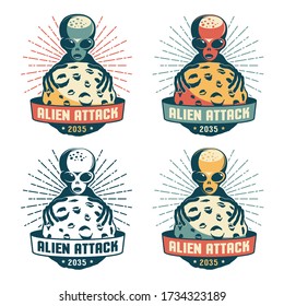 Alien from space captures the planet - retro badge. Extraterrestrial Department vintage logo. Vector illustration.