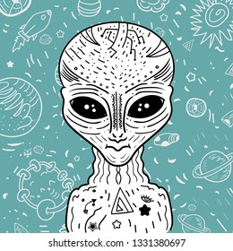 Alien and space elements. Coloring book or page for adults and children. - Vector illustration