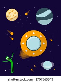 Alien in space entertains.UFO and planets. Vector illustration