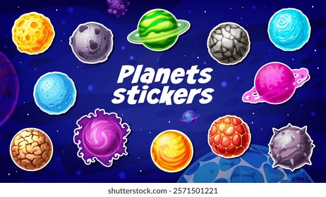 Alien space fantasy planets stickers pack. Fantastic galaxy green, pink and blue planets, alien words with cracked, stone and icy surface, craters, stone spikes isolated vector stickers or patches set