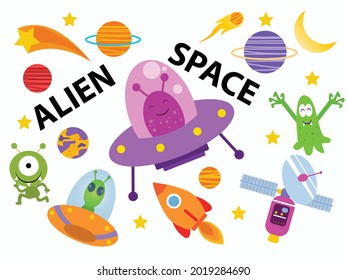 Alien and space hand drawn Doodle cartoon set of objects and symbols