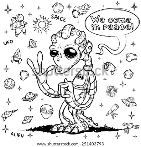 Alien space invader welcomes you. Hand drawn
