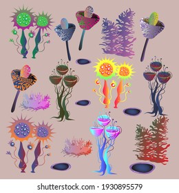 Alien space mushrooms and plants. Vector illustration.