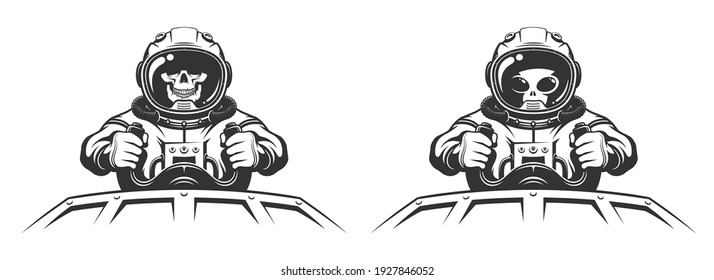 Alien space pilot in spacesuit at the helm of spaceship. Skull astronaut in spacesuit. Vector retro illustration.