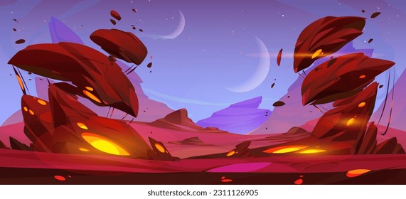 Alien space planet cartoon landscape background. Mars desert game cartoon vector illustration with rock, red ground and moon in sky. Futuristic martian surface outer cosmos scene with glow scenery