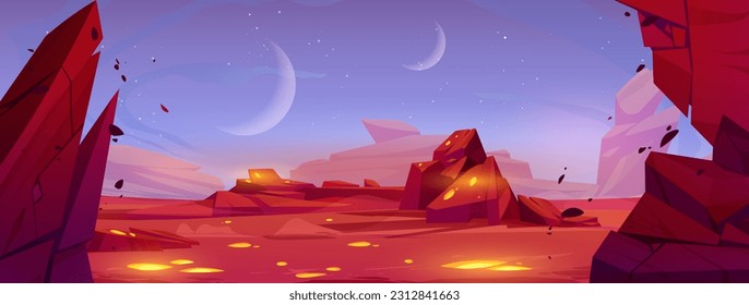 Alien space planet cartoon landscape background. Mars desert game cartoon vector illustration with rock, red ground and moon in sky. Futuristic martian surface outer cosmos scene with glow scenery