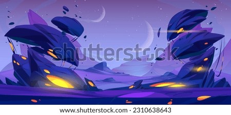Alien space planet cartoon landscape background. Mars desert game cartoon vector illustration with rock, purple ground and moon in sky. Futuristic martian surface outer cosmos scene with glow scenery