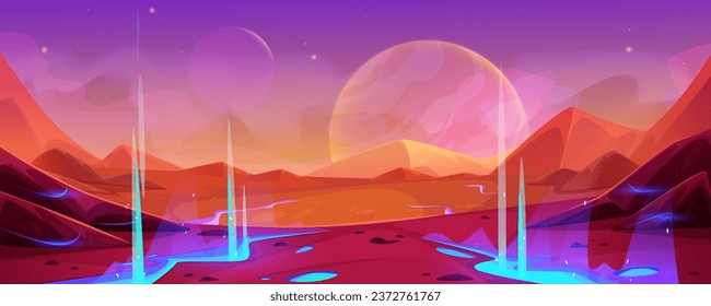 Alien space planet landscape background. Brook crack on mars desert vector game illustration. Martian ground surface terrain and blue stream. Fantasy outer orange universe scene dust environment