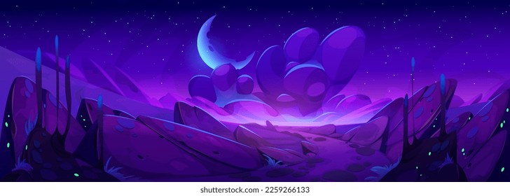 Landschaft des Weltraums mit violetten Felsen und Steinen. Vektorgrafik-Illustration von Fantasy-Kosmos Landoberfläche, Neonfarbmond, Sterne und Wolken, die im Nachthimmel leuchten. Game-Interface-Hintergrund