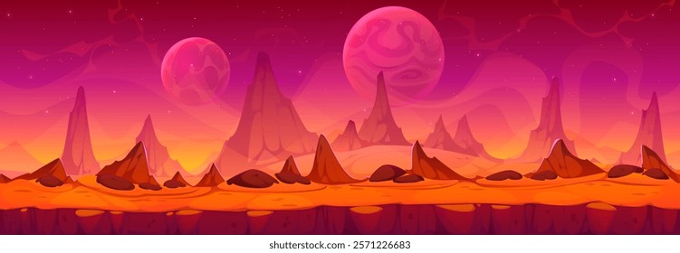 Alien space planet landscape with red terrain and multiple planets in sky. Towering rock formations create an otherworldly atmosphere. Cartoon vector background for science fiction and fantasy games