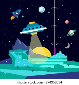 Alien space planet landscape with ufo, ray of light energy, rocket, stars and planets. Flat style vector background illustration.